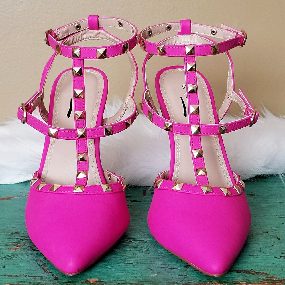 Matte Neon Pink Studded Stilettos